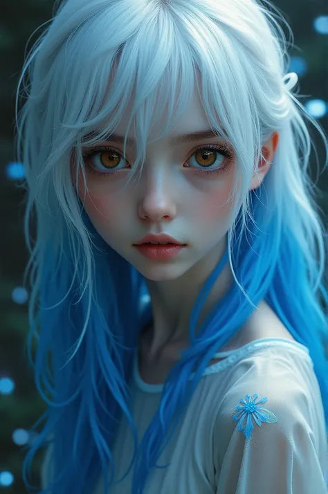 White-haired girl with blue locks brown eyes with Majia de Echizoz
