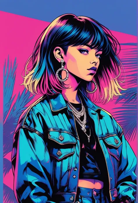 ((Illustrator)), flat color, elegant, sketch,Cartel de los 80, 1 girl, Punk rock girl, Glossy lip, jean jacket,  shoulder studs, order, very modern elegant , mohawk hair ((gradient)) bottom,  Long neon hair ,  Textured crop , ( masterpiece ,  better qualit...