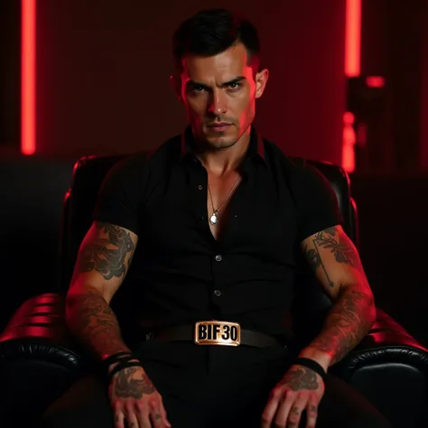 
 The image shows an attractive man ,  muscular and with tattoos ,  with short black hair and piercing eyes .  He wears a black buttoned shirt and a belt with a buckle that reads  "BIF 30 ".  His wrists are tied with strings .  He is sitting on a black lea...