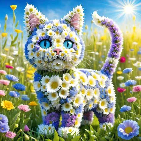  pam-flwr a cute cat made of flowers, standing in a meadow,Blue Sky and Sun , bokeh, very detailed ,realistic,natural, photography studio , very detailed ,dynamic, cinematic , masterpiece ,intricate,HDR-10,Abstract fractal,  Romantic atmosphere 