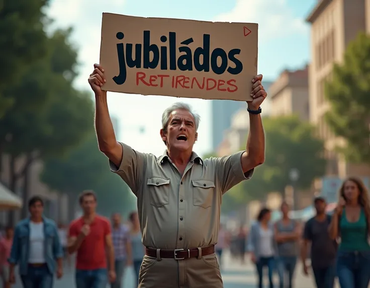 A man with a sign in his hand that says "JUBILADOS"