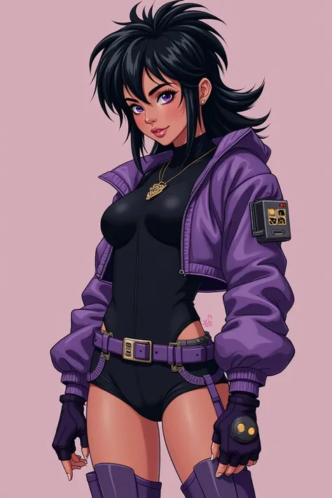 i have a black, messy shag mullet, my brown roots showing
Im wearing a black right bodysuit with shorts, a purple cropped jacket, purple boots, my left hand has a fingerless glove, and a high-tech device on my left lower arm
I also have big thighs