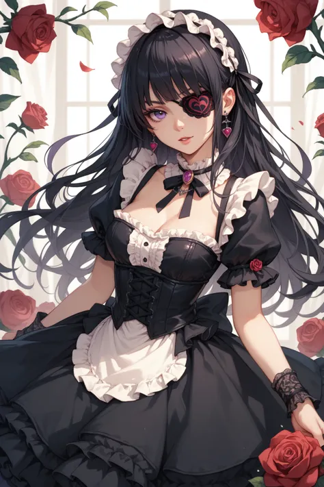 long black haired gothic lolita anime girl with rose eyepatch and purple eyes