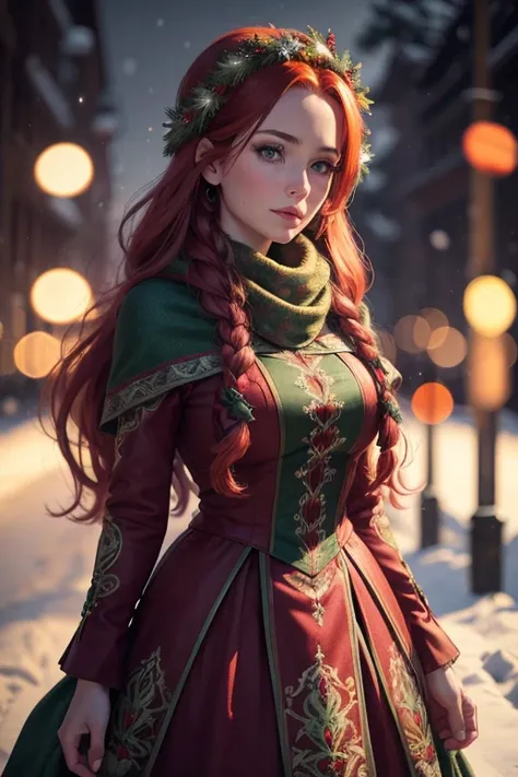 a beautiful woman with long red hair and green eyes, wearing a festive winter outfit, outdoor winter landscape, detailed face and body, highly detailed, (best quality,4k,8k,highres,masterpiece:1.2),ultra-detailed,(realistic,photorealistic,photo-realistic:1...