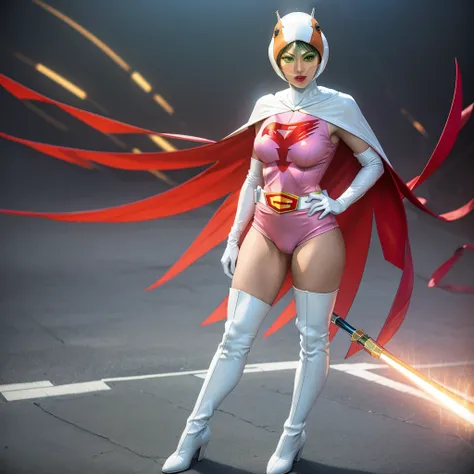 ANI_CLASSIC_jun_gatchaman_ownwaifu,1girl, ,good anatomy, masterpiece, best quality,realistic, hyperrealistic, 16k hdr,breasts,green eyes,lips,large breasts,lipstick,makeup,gloves,cape,helmet,belt,elbow gloves,white gloves,mask,white tight overknee highheel...