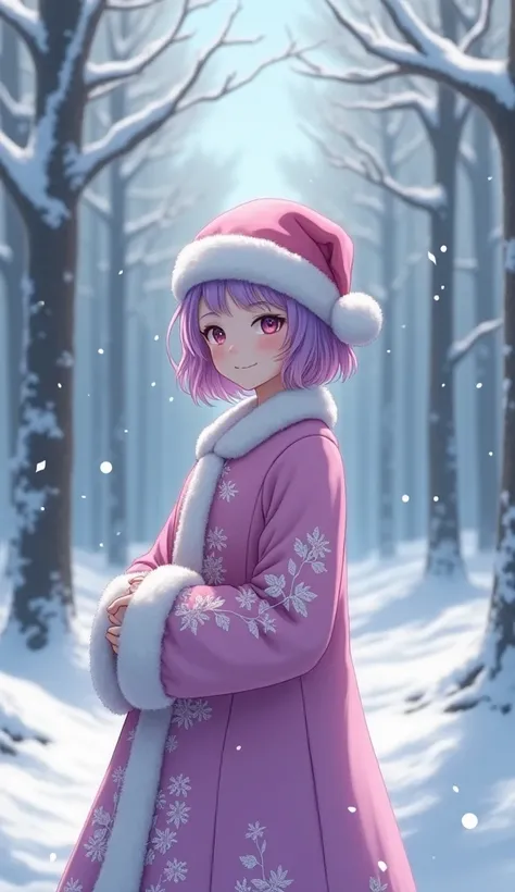  imaginary　snow　forest　pink purple coat 　White embroidery　 cute　young　 realistic Japanese woman 　 pink purple short hair 　 pink purple Santa hat　
