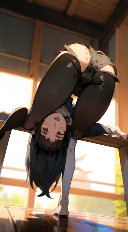 Anime girl showing her shorts with her anus tilted on the table,  long black hair