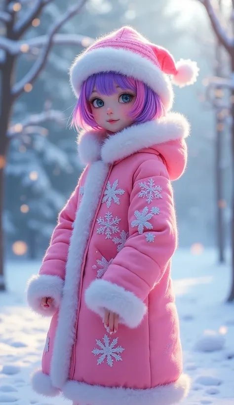  imaginary　snow　forest　pink purple coat 　White embroidery　 cute　young　Real Japanese-like women　 pink purple short hair 　 pink purple Santa hat　
