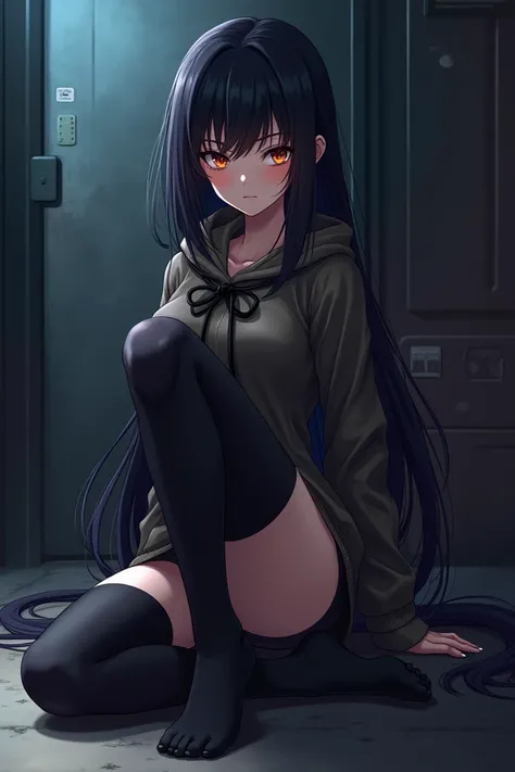 Anime girl in black stockings showing her feet