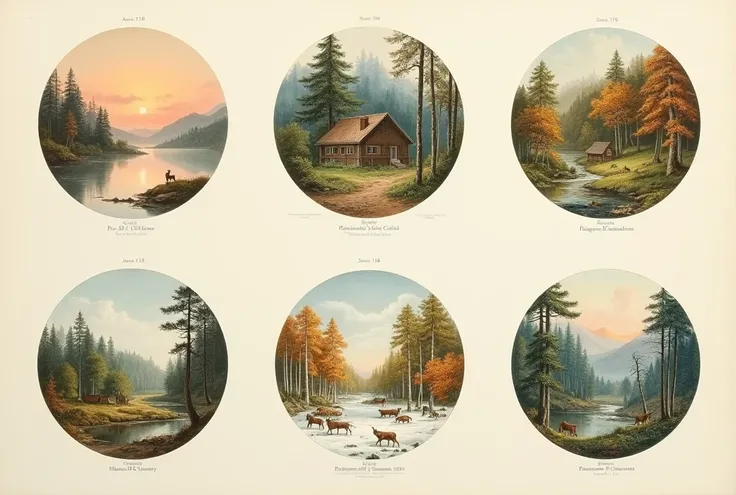 (((1890 numismatic engraving))). A collection of six watercolor landscape paintings depicting various natural scenes, including a sunset over a lake , a forest with a cabin , a fall-colored forest, a snowy forest, a stream with trees , and a forest with a ...