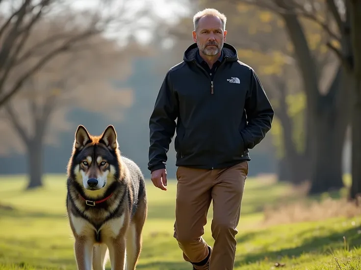 35-year-old fit man with slightly balding hair and striking blue eyes, walking through a park with a black wolf-like dog on a leash. The man is dressed in a black The North Face jacket, brown pants, and brown boots, embodying a casual yet stylish outdoor l...