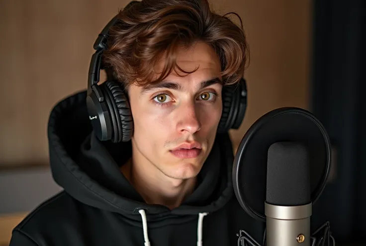 20-years-old handsome French male with piercing hazel eyes and perfectly styled chestnut-brown hair, he wears stylish streetwear, hes a popstar, hes in a studio with headphones on and facing a micro. 