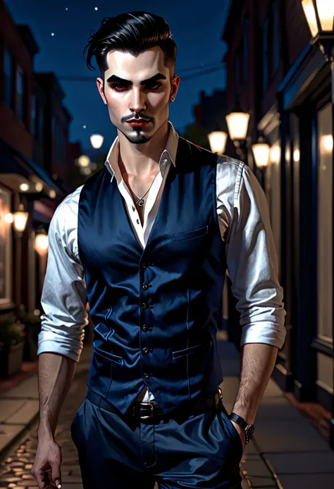 in the style of Charlie Bowater , vampire, man, out on the town, beane, black vest over a dark blue shirt, cloth pants, loafers, agile, serious face, goatie, eyebrow piercing, 