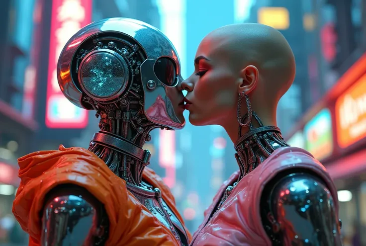 (Beautiful cute young no-haired woman), futuristic cyberpunk attire, kissing a steampunk cristal water robot machine, (vivid primary and secondary colors), (highly detailed), playful atmosphere, intricate mechanical design, bright accents, contrasting text...