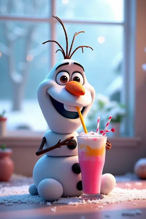 Create an image of the character Olaf from the movie Frozen sitting down and drinking a smoothie with a straw