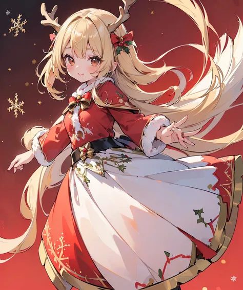 ((Top quality, 4K, high resolution, masterpiece), (( perfect anatomy )), cute girl , chibi, very long blonde hair, long hair, brown eyes, ((👄)), smile, red Santa Claus dress with gradient background , floating light point , (( princess in a wonderful Chris...