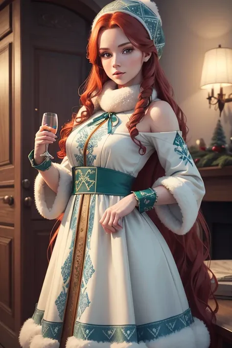 a beautiful young woman with long red hair and green eyes, wearing a festive blue and white winter outfit with fur accents, detailed face and eyes, intricate dress pattern, warm winter atmosphere, realistic 3D rendering, masterpiece, award winning, 8k, pho...