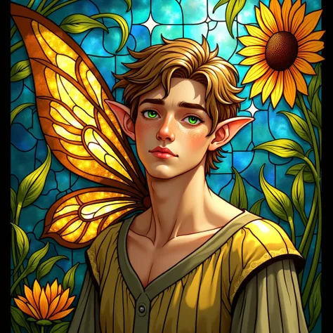 A breathtaking stained-glass artwork featuring a male fairy with elf-like ears, designed entirely in the intricate and radiant style of traditional stained glass. The character is unmistakably male, with strong, mature features like a defined jawline and p...