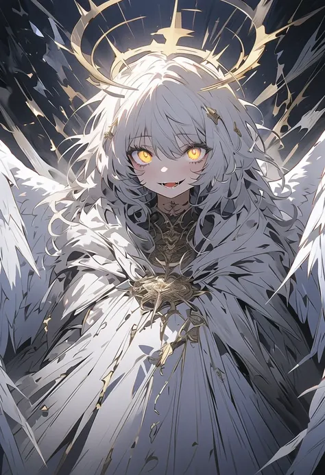 Best Quality、masutepiece、Ultra-detailed、face perfect、Extremely detailed、Extremely delicate、1 boy, (Scary), angel, Gorgeolanche&#39;The halo), dark, Glowing eyes, Pale yellow eyes, angel wings,  holy, greyt hair, black tunic, 2 pairs of blanche angel wings,...