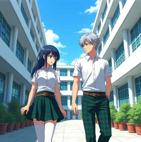  Two 17-year-old anime-style boys , To Love Ru,  walking in the outdoor corridors of a huge 4-story white school with blue tinted windows with medium-sized flower pots in the surrounding area, In front of them is a 17-year-old girl who measures 1.66 cm,  i...