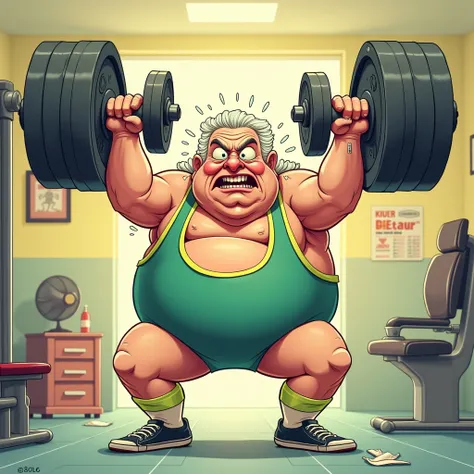 Cartoon of an obese elderly person doing a front lift with dumbbells