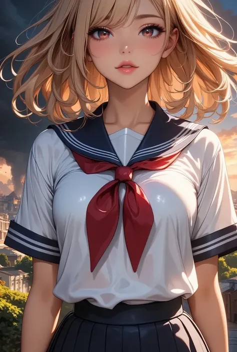  sailor suit の少女, beautiful detailed eyes , Beautiful fine lips ,  very detailed faces and hair ,  long eyelashes, (( sailor suit ,  pleated skirt)), Twister, tornado, Wind, Dramatic Sky, Dark clouds, (((Supernatural Powers,  action,  Heros Pose :1.2))),  ...