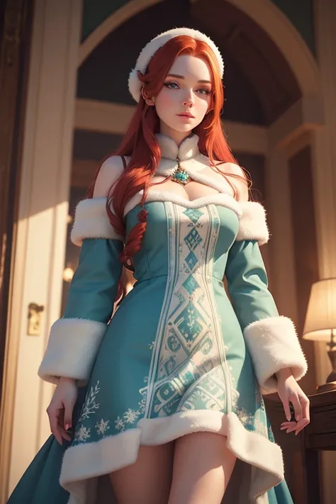 a beautiful young woman with long red hair and green eyes, wearing a festive light blue and white winter outfit with fur accents, detailed face and eyes, intricate dress pattern, warm winter atmosphere, realistic 3D rendering, masterpiece, award winning, 8...