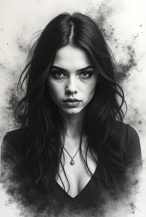 A striking charcoal and ink portrait of a  woman twenty three years old with long, flowing hair and intense eyes. Her neutral expression conveys an air of quiet strength and mystery. The portrait captures her from the chest up, with her gaze directed confi...