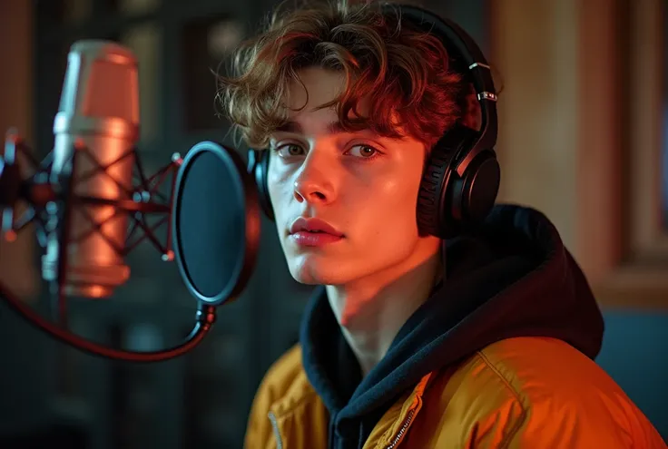 20-years-old handsome French male with piercing hazel eyes and perfectly styled chestnut-brown hair, he wears stylish streetwear, hes a popstar, hes in a studio with headphones on and facing a micro. full body picture. 