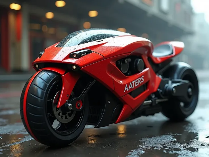 science fiction motorbike, unmanned, red body, aggressive, like motorbikes in movie terminator salvation, without seat, long shapes, slightly bigger wheels