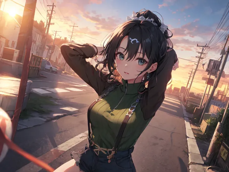 Solo, 1 Female, (Human Ear, Earring), (Black Hair), (Arms Behind Head and Bent Knees), (Anime Face, Ahegao), (Hair Accessories), (Leather Suspenders, Dress, Vertical Cable Sweater, Denim Shorts, Stockings), (Sunset Sky, Sunset, Evening Sky), (Focus on Brea...