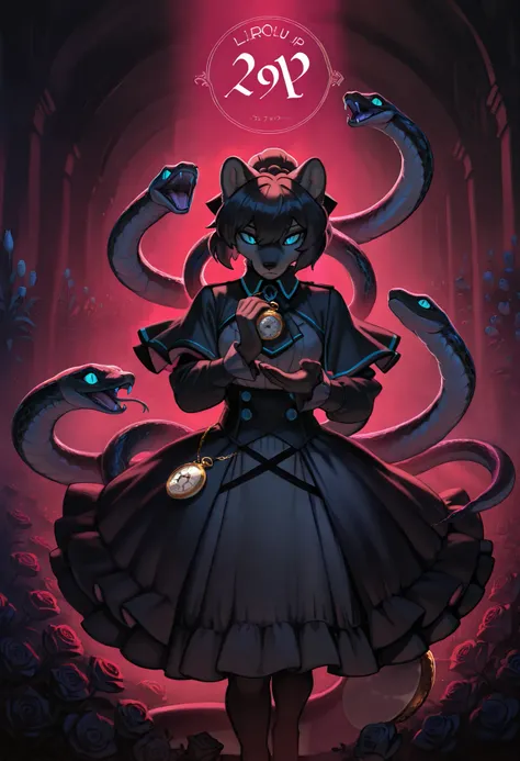 (cover page, best quality, high resolution, ultra-detailed)silhouett(kemono, furry anthro)holding striking pocket watch, surrounded by flowers, snakes and darkness, illustrative rendering, intricate details, mysterious atmosphere, vibrant colors, dynamic l...