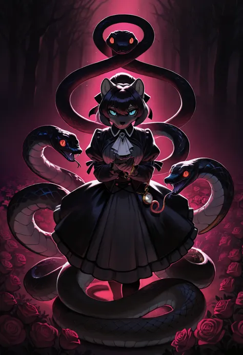 (cover page, best quality, high resolution, ultra-detailed)silhouett(kemono, furry anthro)holding striking pocket watch, surrounded by flowers, snakes and darkness, illustrative rendering, intricate details, mysterious atmosphere, vibrant colors, dynamic l...