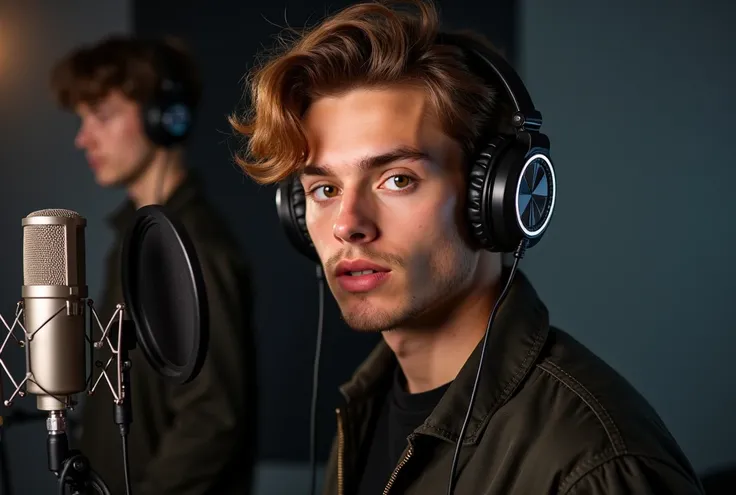 20-years-old handsome French male with piercing hazel eyes and perfectly styled chestnut-brown hair, he wears stylish streetwear, hes a popstar, hes in a studio with headphones on and facing a micro. full body picture. standing. 