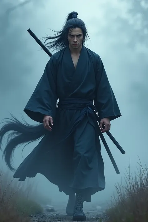 Ronin, masculine, , has 1,72,  he has extreme physical strength , But he didnt have muscle mass ,  he had big black hair with dark blue tips ,  besides being a Japanese samurai ,  he had gray eyes that turn red ,  because he had the spirit of a kitsune ,  ...