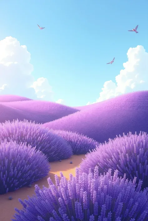 a hill (a slope) full of lavender flowers, sun is shining, a small breeze, with the blue sky, realistic photos to be used in commercial that is not taken by other people 