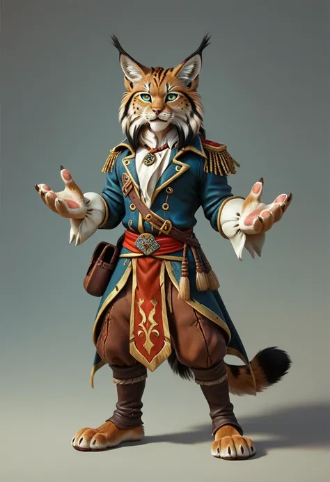 Full body, score_9, score_8_up, Anthro, score_7_up, Alone, Front view, Lynx, male, Furry with mane, friendly tender face human-like, clear detailed eyes, very long tail, smiles, Lynx fur hands human-like with fur, detailed face, short fur all over the body...