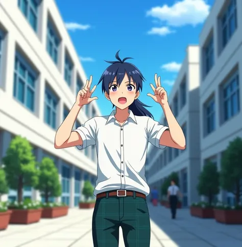  A 17-year-old anime-style , To Love Ru, standing in the outdoor corridors of a huge 4-story white school with blue tinted windows with medium-sized flower pots in the surrounding area,  with some students in the surrounding area wearing the same uniform d...