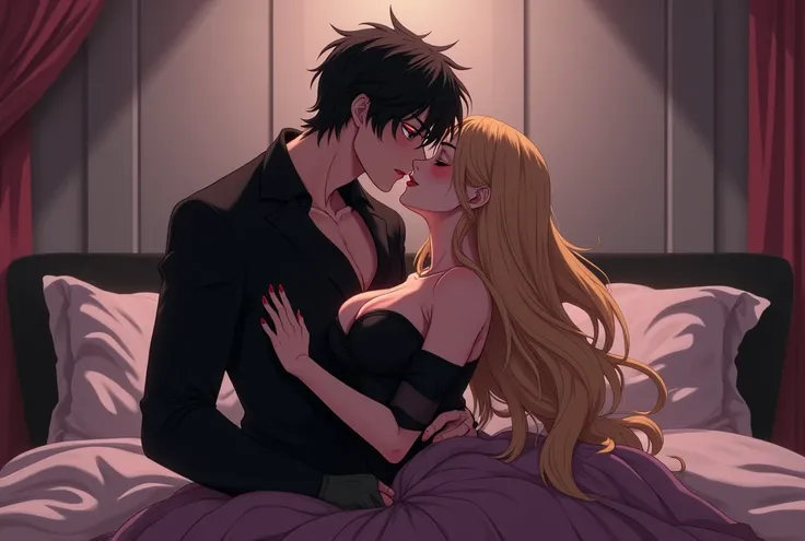 Black-haired and red-eyed man wearing a black outfit kissing a physically fit woman with long blond hair and big breasts in bed anime version