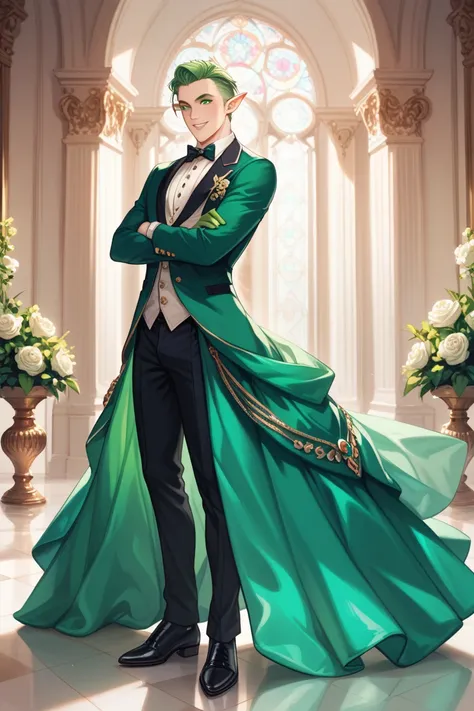 A fierce young elf man, wearing an elaborate tailcoat that is closed in black with green details, wearing elegant green gloves, wearing elegant black shoes, with straight hair slicked back in green, with green eyes, with thin irises, standing with his arms...