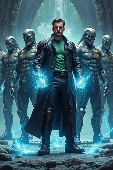 man/ black jacket/ green shirt/  black pants /  black boots / Multiplo/ Equal/ realistic/8k/ High Definition/ hero/ Multi man