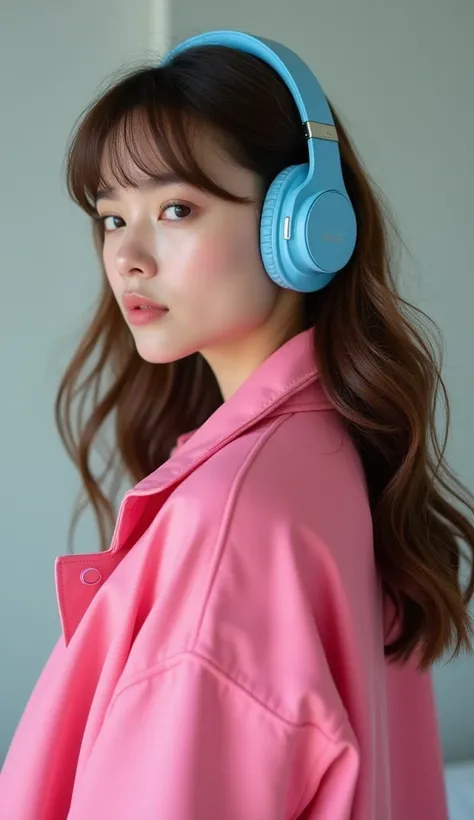 Beautiful woman with brown hair with bangs and short neck-length hair wearing blue headphones and pink jacket.