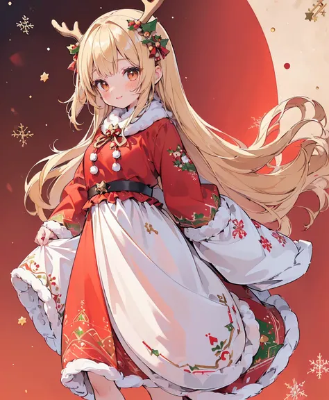 ((Top quality, 4K, high resolution, masterpiece), (( perfect anatomy )), cute girl , chibi, very long blonde hair, long hair, brown eyes, ((👄)), smile, red Santa Claus dress with gradient background , floating light point , (( princess in a wonderful Chris...