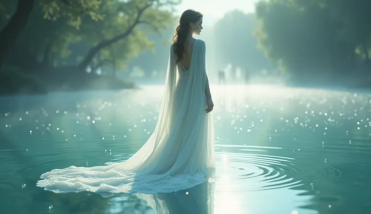 "A serene woman standing in a crystal-clear lake, her flowing gown resembling cascading waves, adorned with pearls and shimmering droplets, glowing in soft sunlight, ethereal and majestic."

