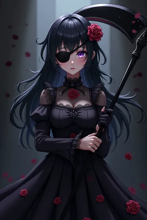 long black haired, dark gothic lolita dress, anime girl, rose eyepatch, purple eyes, blank expression, black scythe