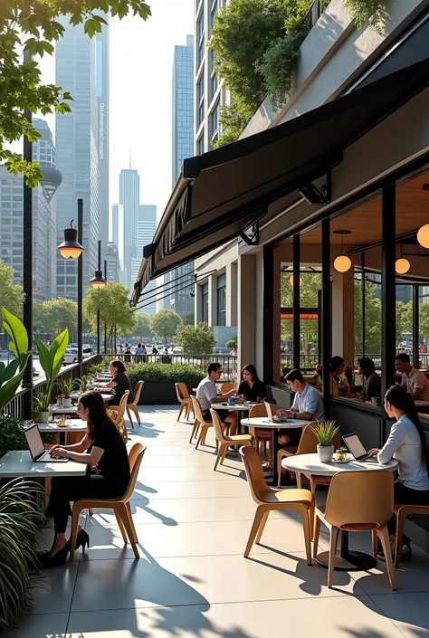 "A modern outdoor urban café with minimalist design chairs, decorative plants, and people working on laptops