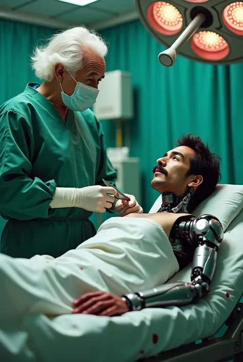 Albert Einstein,green surgeons gown, green surgeons pants, brown surgeons apron, green surgeons mask,green surgical gloves covered in blood,holding a scalpel,Standing behind the surgical bed,Operating on a 20-year-old Japanese man,The Japanese man 20 years...