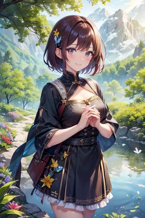 ((Lone traveler  ))、  Shiny Maroon Hair ,  short hair, ( Clean brown eyes 、  Sparkling Eyes  , fine grain)、smile、 極めて精細な目が柱Betweenに挟まれている、  very detailed face ,  very detailed eyes,  one girl, Alone、  Masterpiece  ,  cowboy shooting、  super high resolution...