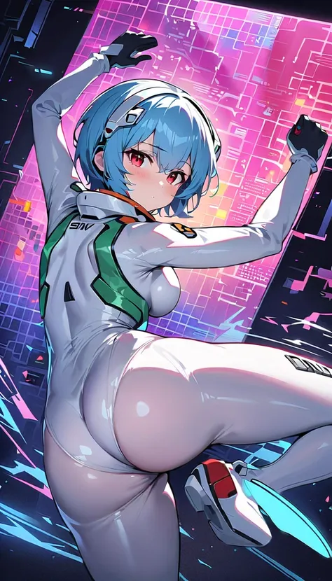 ((NSFW:1.5), (masterpiece,  top quality :1.2),  1girl, One, Duration _split,( behind,back,through:1.5),
 Duration  split, stands on one leg , Ayanami Rei,white bodysuit , Red eyes, pilot suit , Short hair, blue hair,bang,Headset Interface,turtleneck,  Hair...