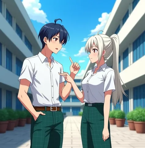  A 17-year-old anime-style , To Love Ru, standing in the outdoor corridors of a huge 4-story white school with blue tinted windows with medium-sized flower pots in the surrounding area,  with some students in the surrounding area wearing the same uniform d...